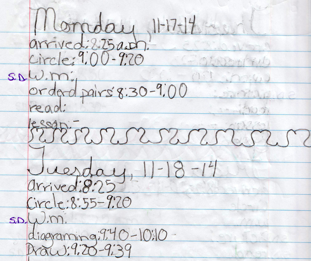  Students keep a work journal to plan their morning and keep track of how they spend their time.&nbsp; 