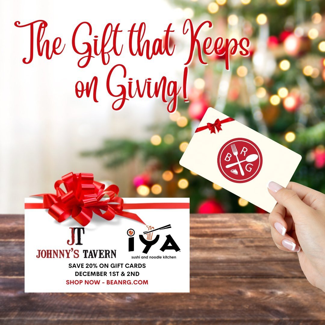 Celebrate the holidays with Bean Restaurant Group! ❤️ Save 20% on IYA Amherst &amp; Johnny's Tavern gift cards through December 2nd!🎄🎁 Available in-store &amp; online at beanrg.com 🎉