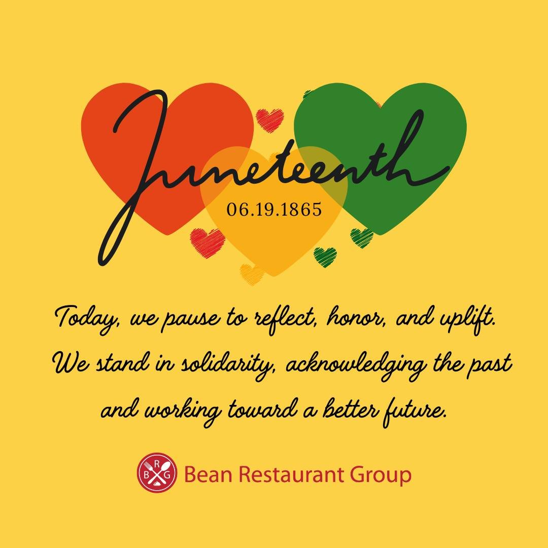 Today, we honor Juneteenth &mdash; a day of reflection, resilience, and recognition.
At The Bean Restaurant Group, we stand in solidarity as we acknowledge the past and continue to support equity, inclusion, and progress for all.❤️💛💚