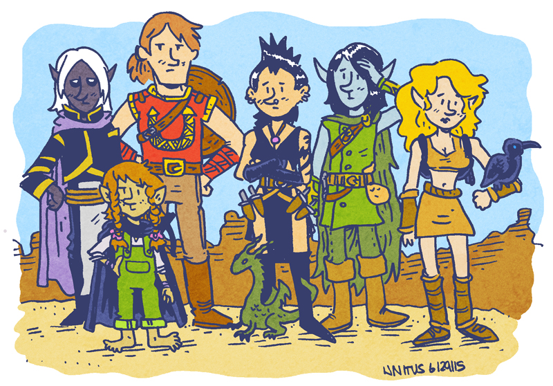 Left to Right: Gral of the Underdark (Drow Elf Wizard), Mamie Thorngage (Halfling Rogue), Valeros the Brave (Human Warrior), Mara (Human Warlock), Rolen Darktree (Elf Eldritch Knight), Hadley (Half-Elf Ranger)