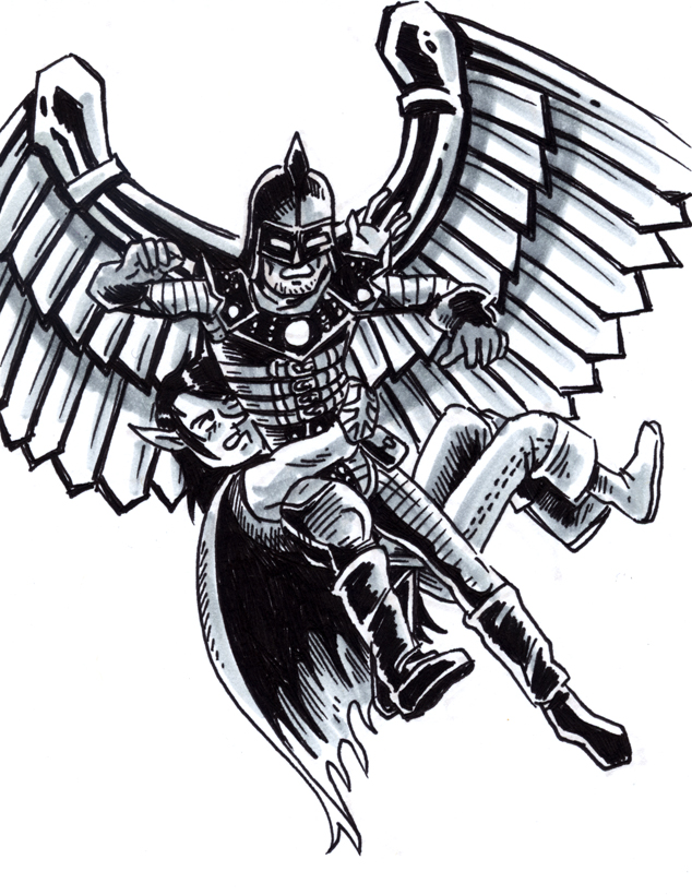 Rolen couldn't help but jump out of the boat and onto the winged Air-Cultist to deliver a few attacks of "Shocking Grasp" up close and personal.