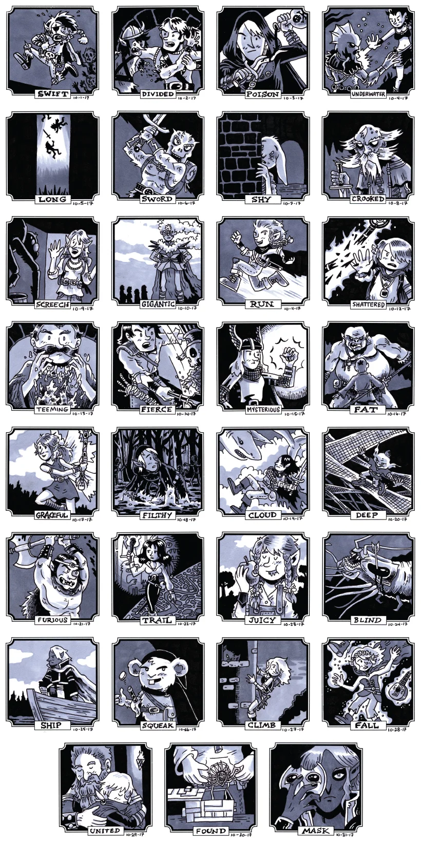 I used the prompts from Inktober in 2017 and applied them to all of the characters I've ever played with.
