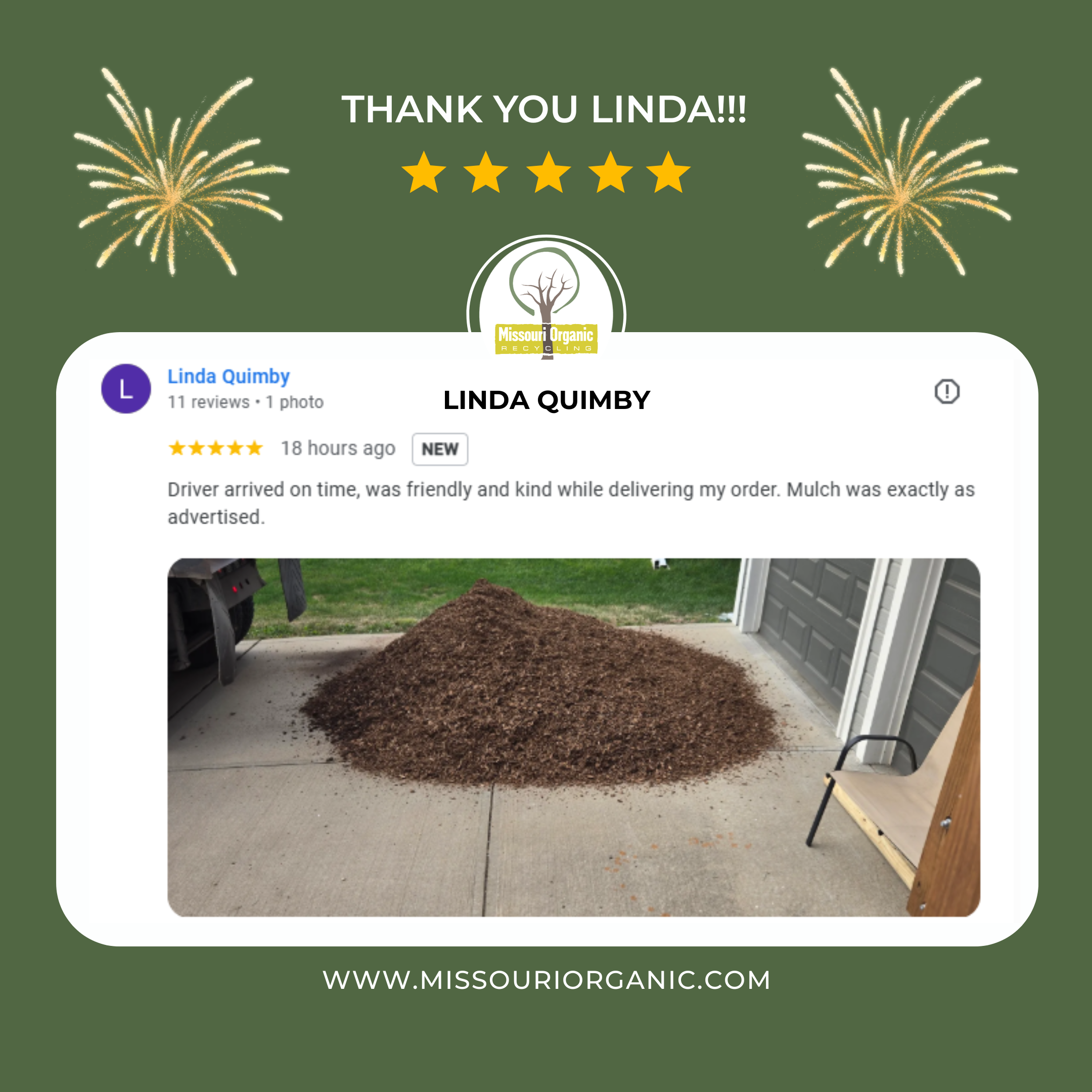 Thank you message with fireworks, logo, and review card showing a photo of mulch on a driveway with a car and a bench in the background.