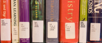 Call numbers on books (Library of Congress Classification). From Flickr user CCAC North Library .