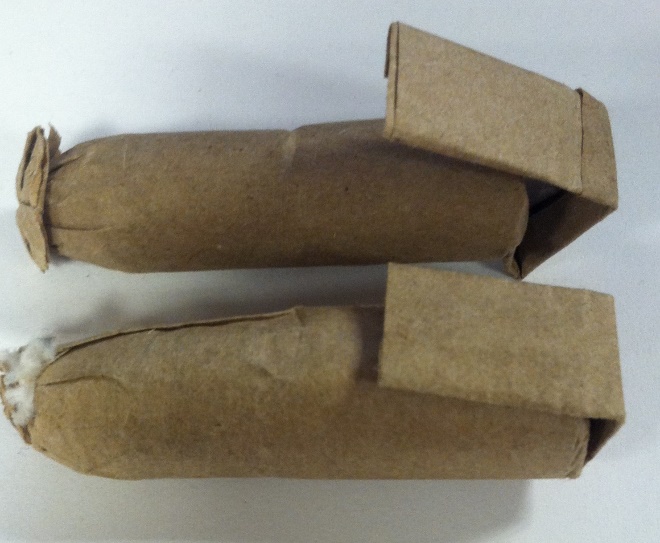 Top: 1862 Cartridge. Bottom: 1855 Cartridge. (Note the inner envelope protruding from the outer on the tail of the 1862 cartridge)