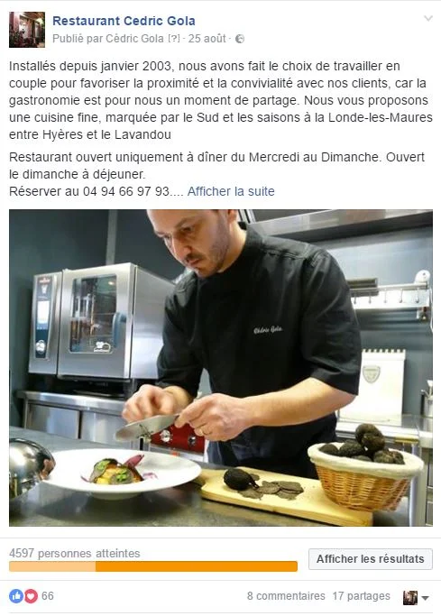 Exemple de post mis en avant pour Restaurant Cédric Gola portée de plus de 4000 personnes avec un engagement appréciable.