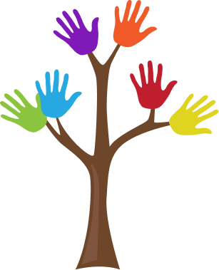 Tree with colorful hand-shaped leaves in purple, orange, red, yellow, blue, and green.