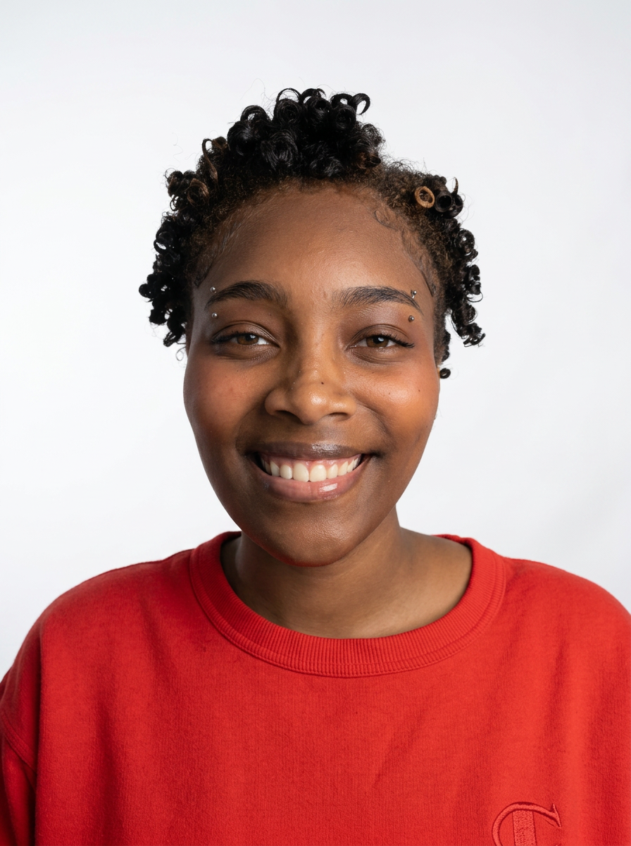 A smiling young woman with short, curly hair wearing a red sweatshirt.