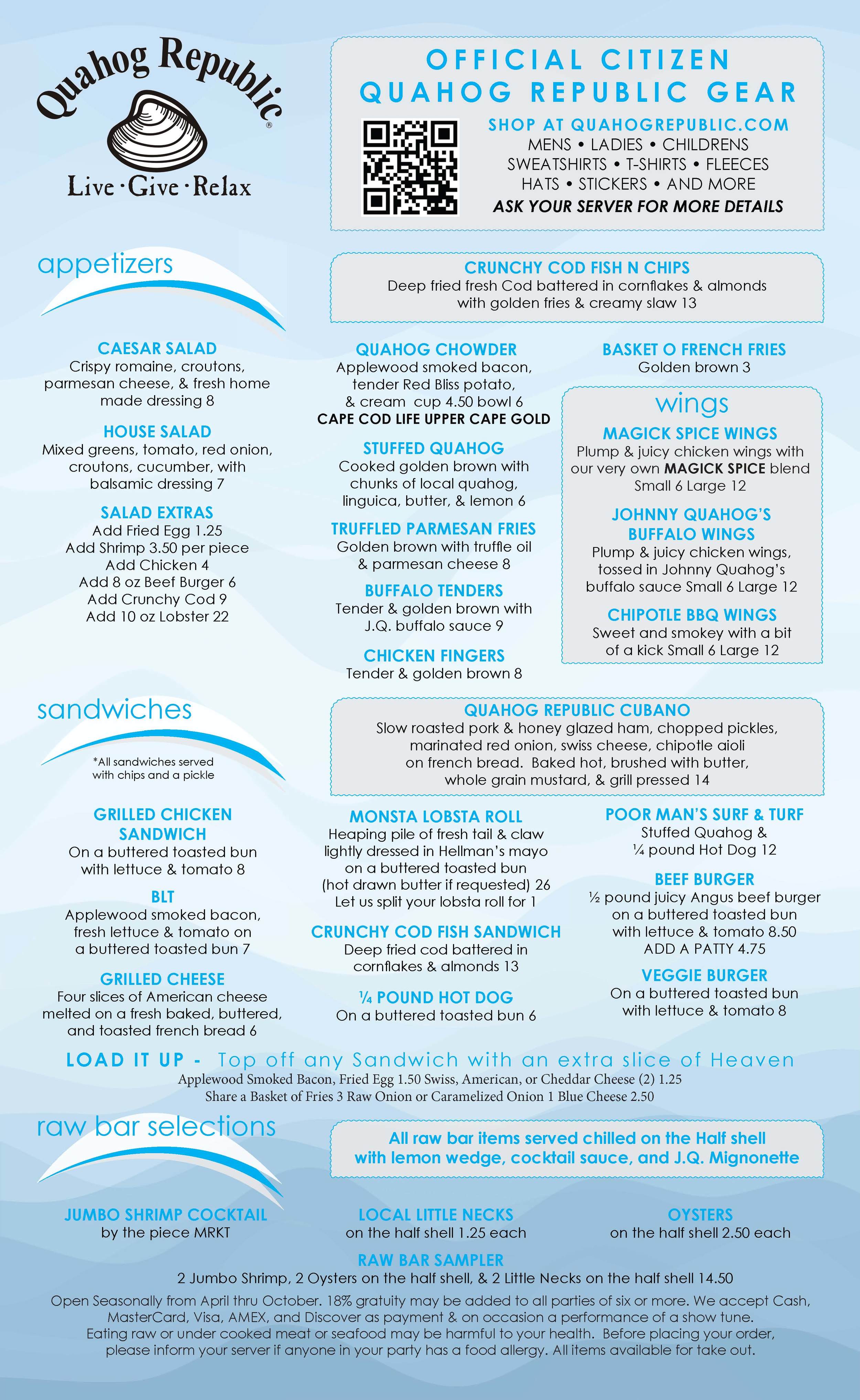 Quahog Republic - Onset Menu (Front)