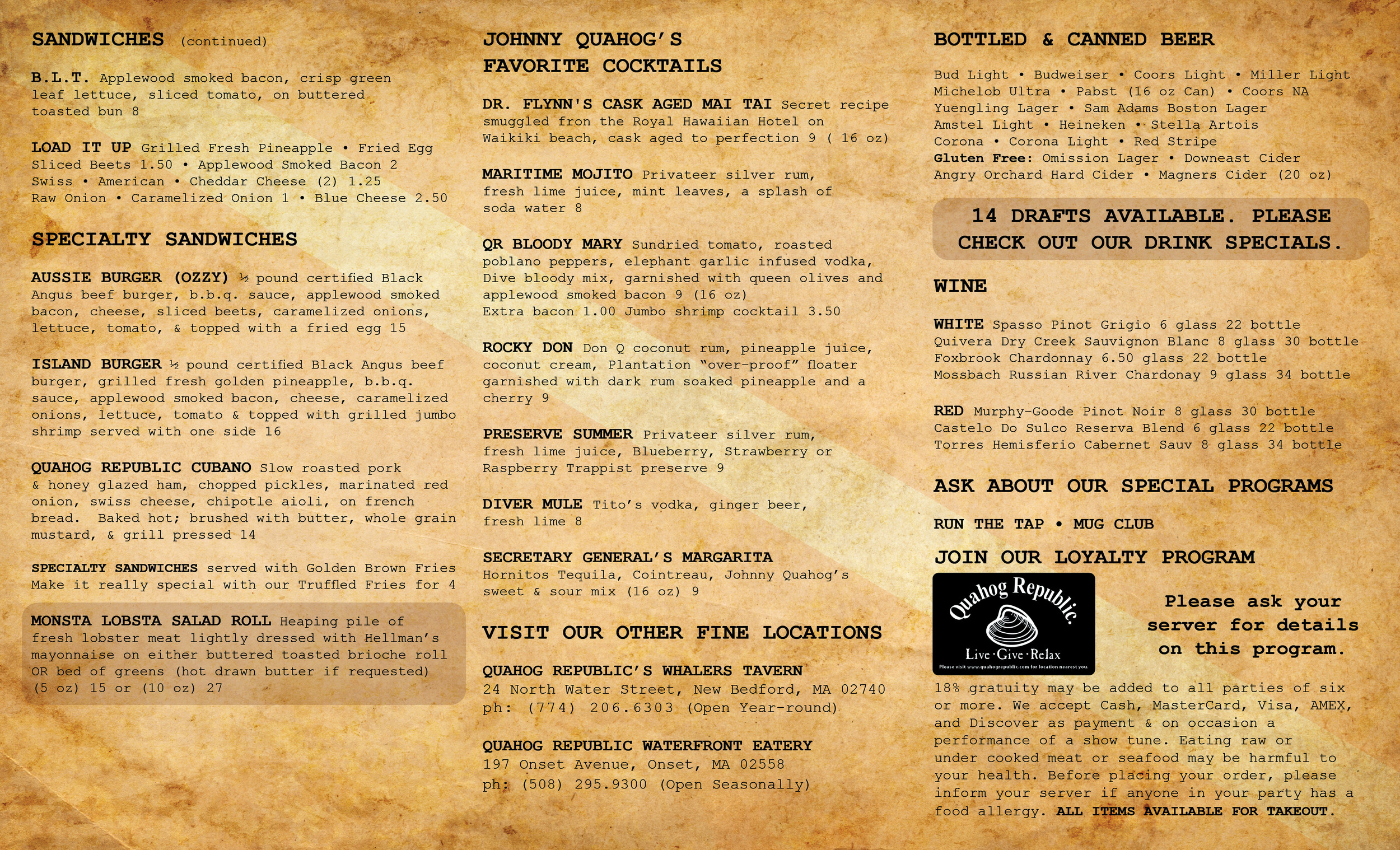 Quahog Republic Dive Bar Menu (Back)