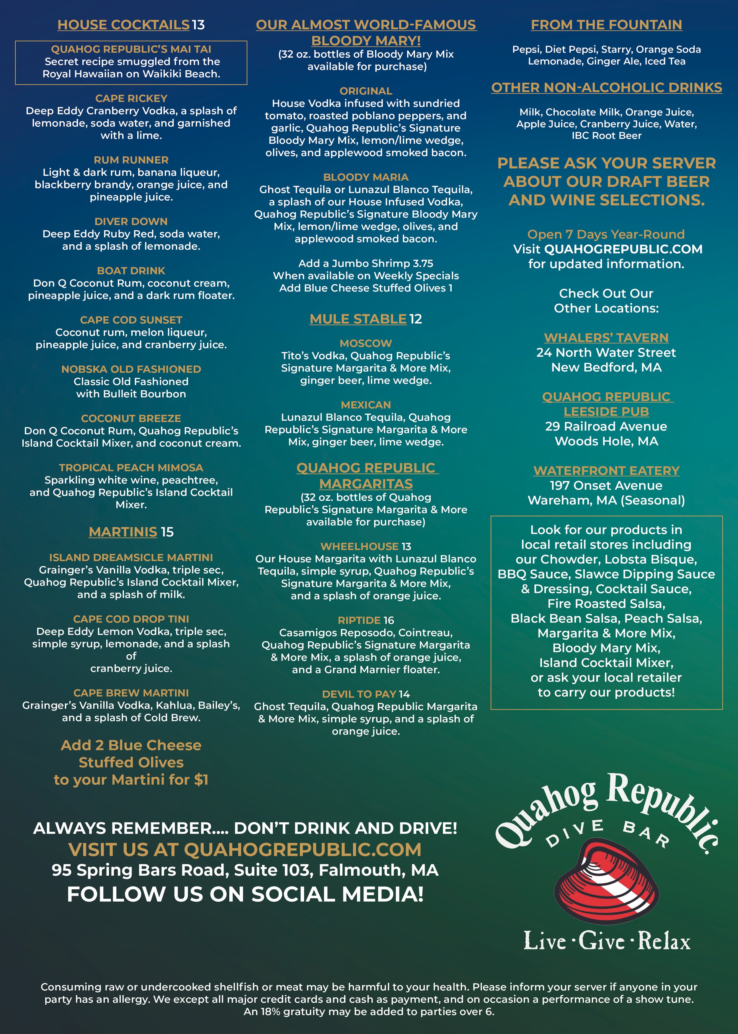 Dive Bar Menu Back