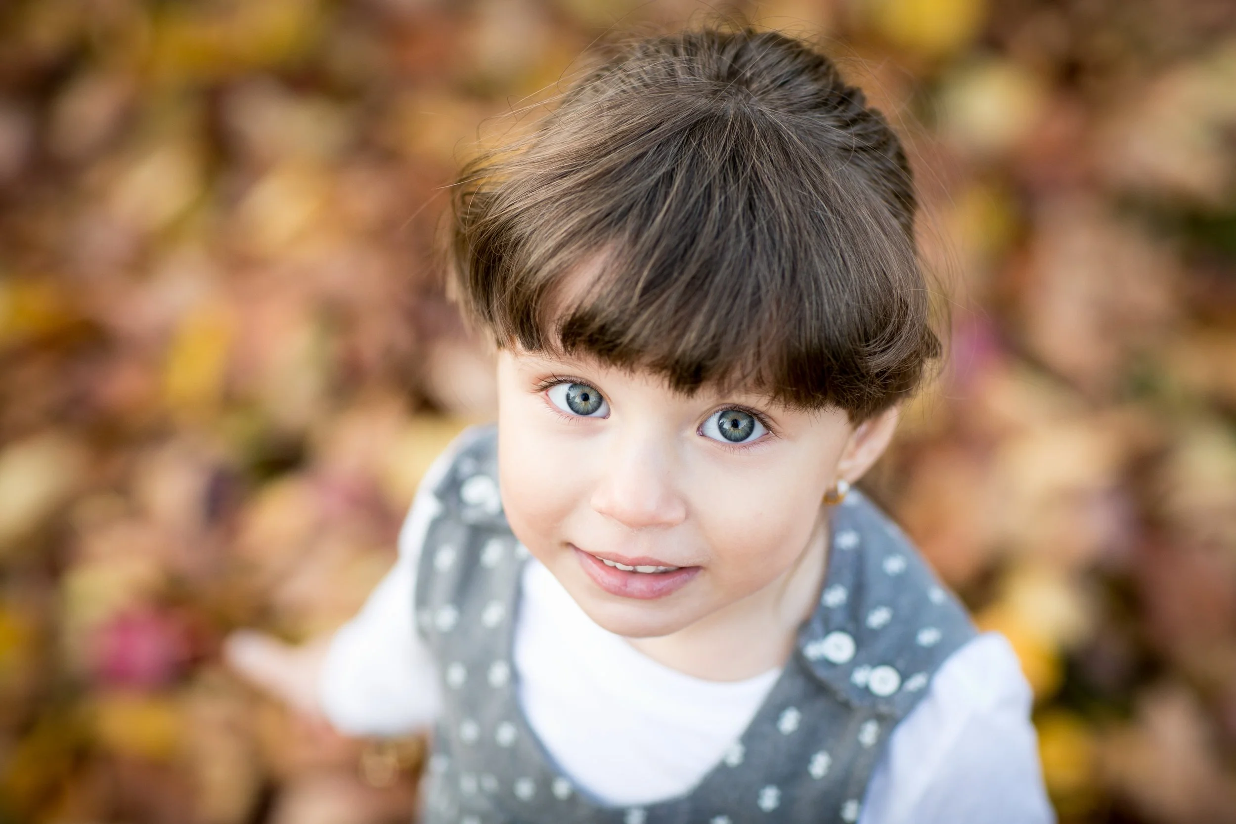 A young girl with blue eyes and dark brown hair, wearing a gray and white polka dot dress, standing outdoors during fall with colorful leaves on the ground.