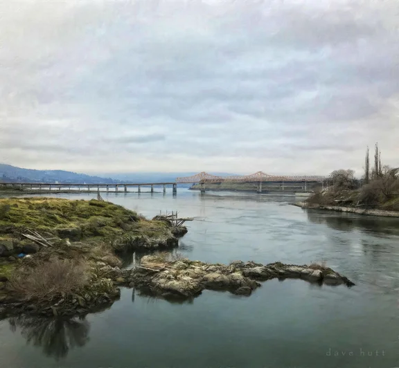 Old fishing platform and the Dalles bridge on the Columbia River 2018