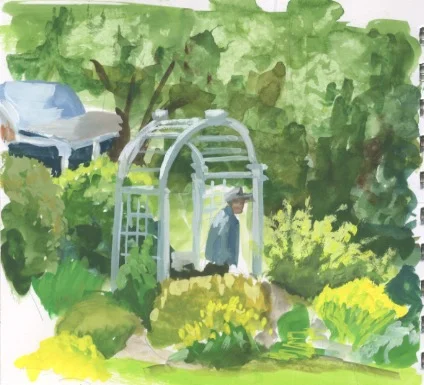 A walk in the garden at Oatlands Plantation. Gouache on paper. Copyright Kim T. Richards 2015