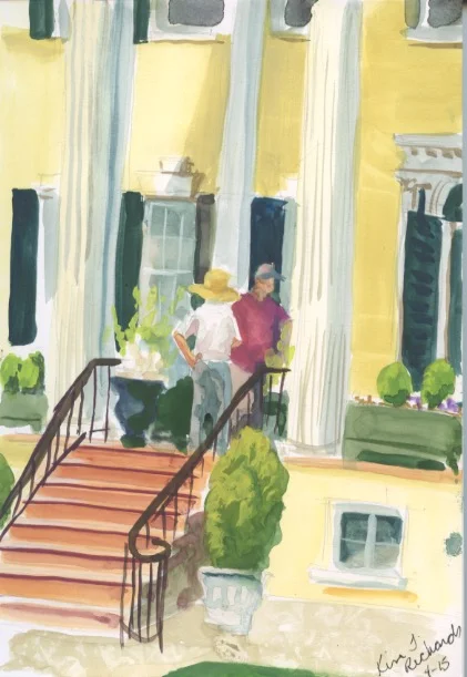 The front entrance at Oatlands. Gouache on paper. Copyright Kim T. Richards 2015