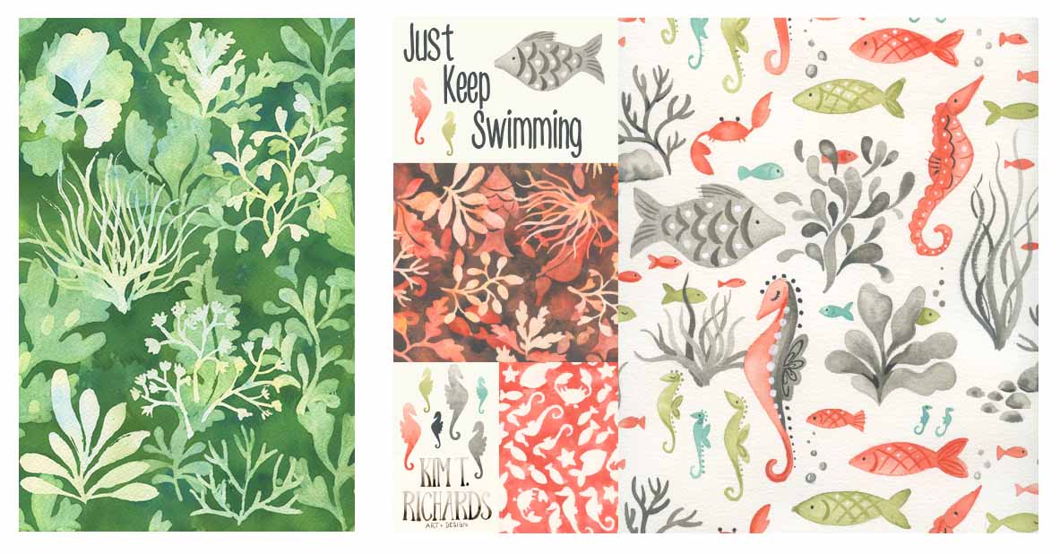 Sketchbook painting of seaweed that became a group of pattern designs for baby created for MATS B course. Copyright 2015 Kim T. Richards. All rights reserved.