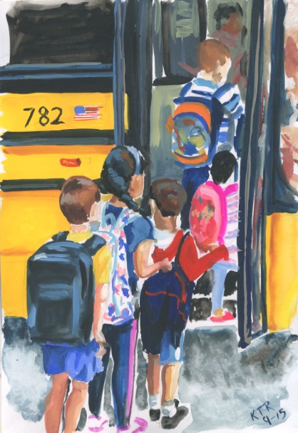Getting on the School bus, sketchbook painting. Copyright 2015 Kim T. Richards. All rights reserved.