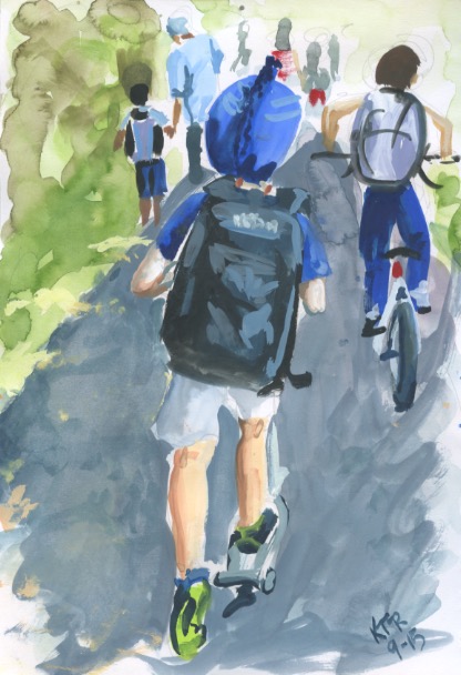 Scootering home on the bike path, sketchbook painting. Copyright 2015 Kim T. Richards. All rights reserved.