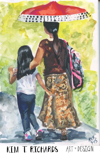 A mother and daughter walking home on the first day of school. September 2015.