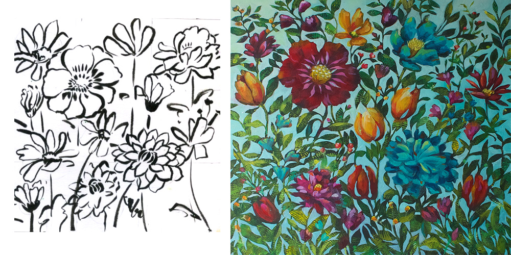 Garden of my Mind with the sketchbook page that inspired it.