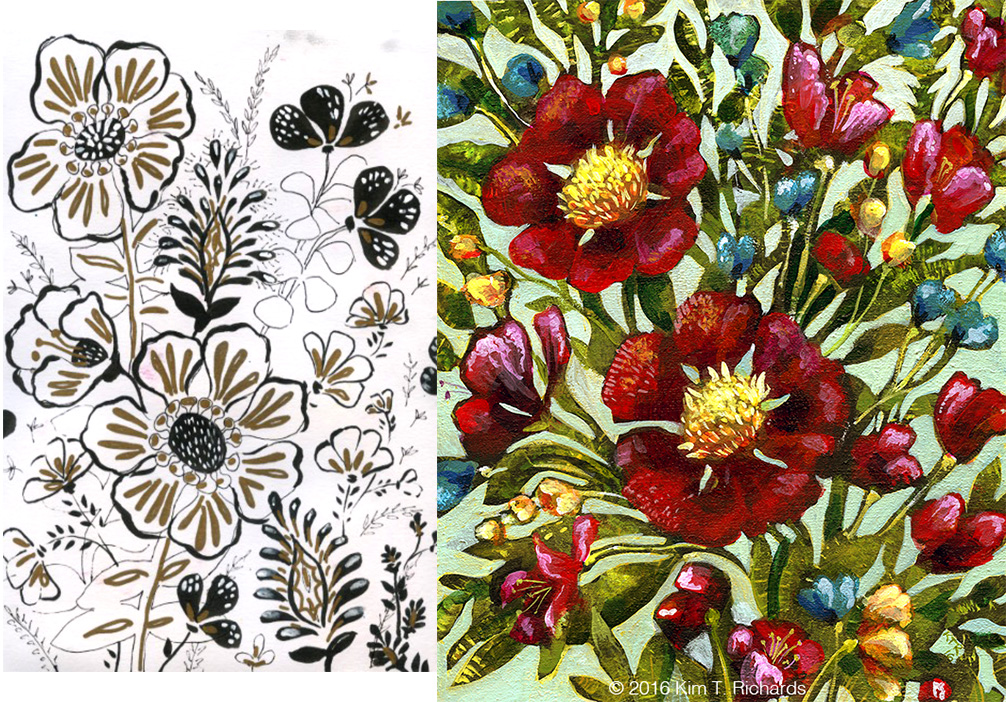 In the Midst with the sketch that inspired it. Even a not so lovely sketchbook page can inspire a painting.