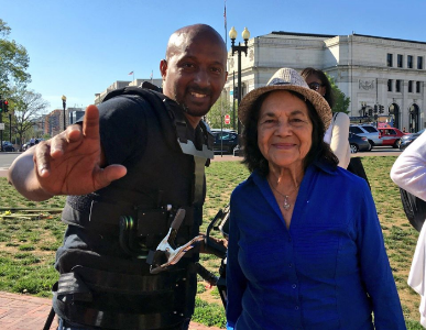 Crew member Tim Wilson with Dolores Huerta, co-founder of United Farm Workers.