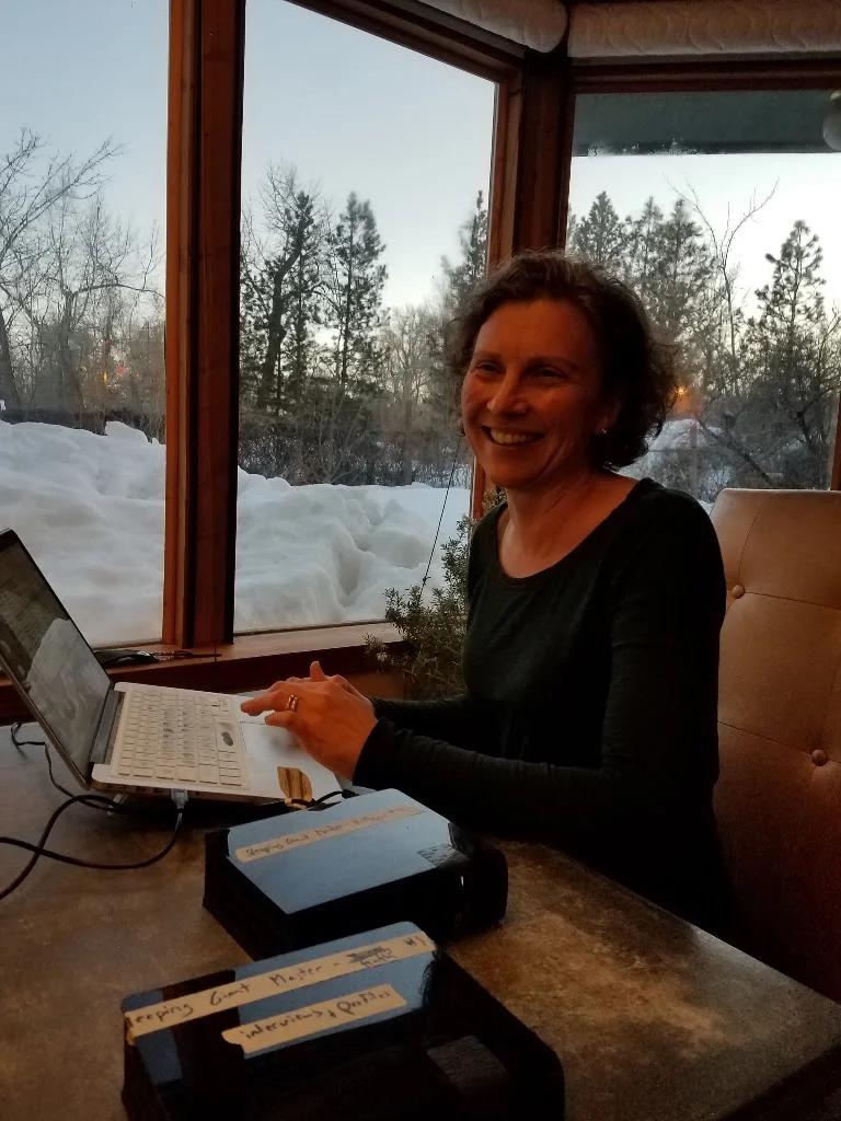 Kathryn Goldman reviewing footage in Idaho. 