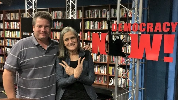 Producer Jon Erickson and journalist Amy Goodman on the set of her award-winning show, Democracy Now! in New York City.