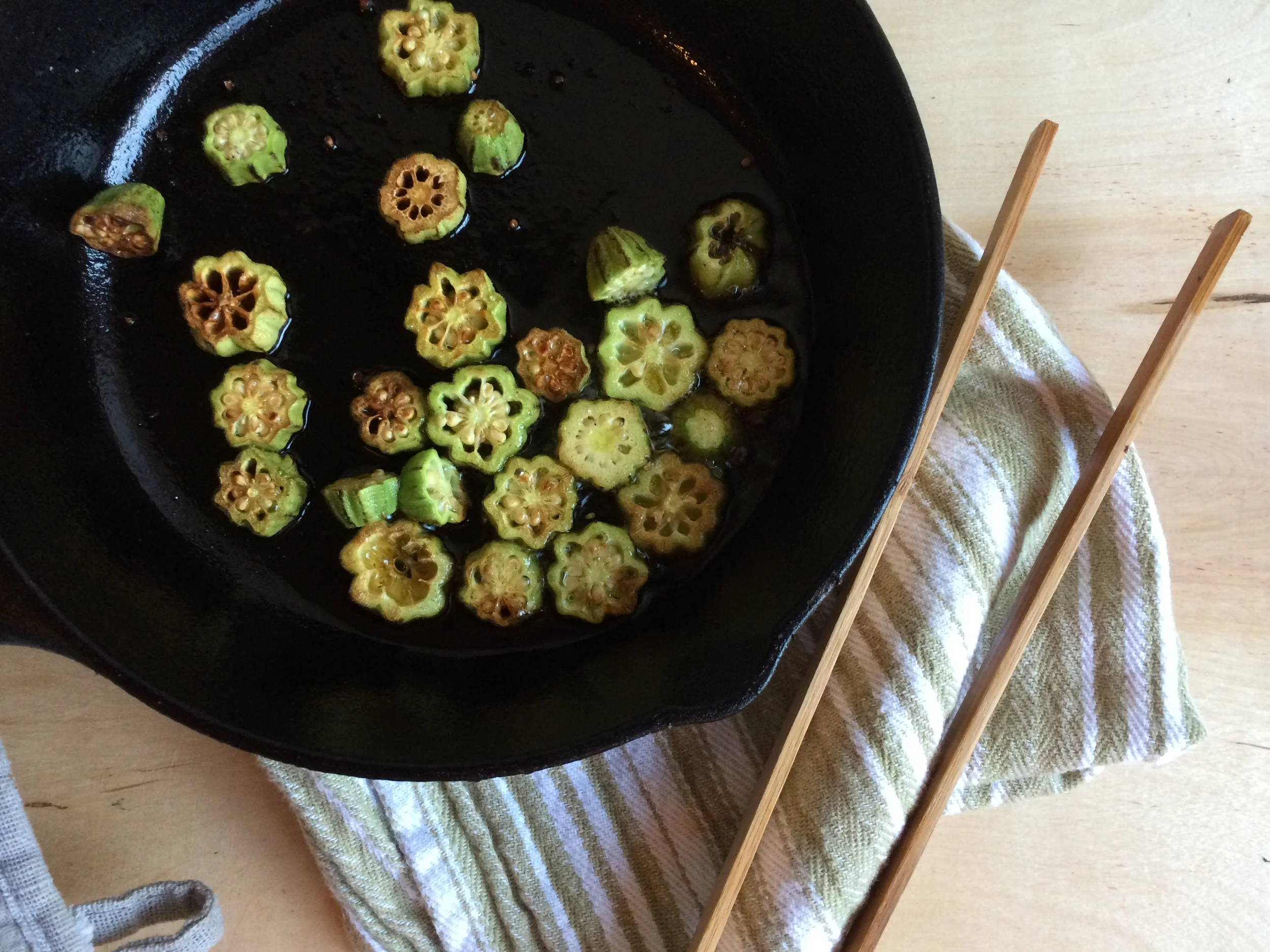 Remove the okra from the pan and reserve until the remainder of your recipe is cooked.