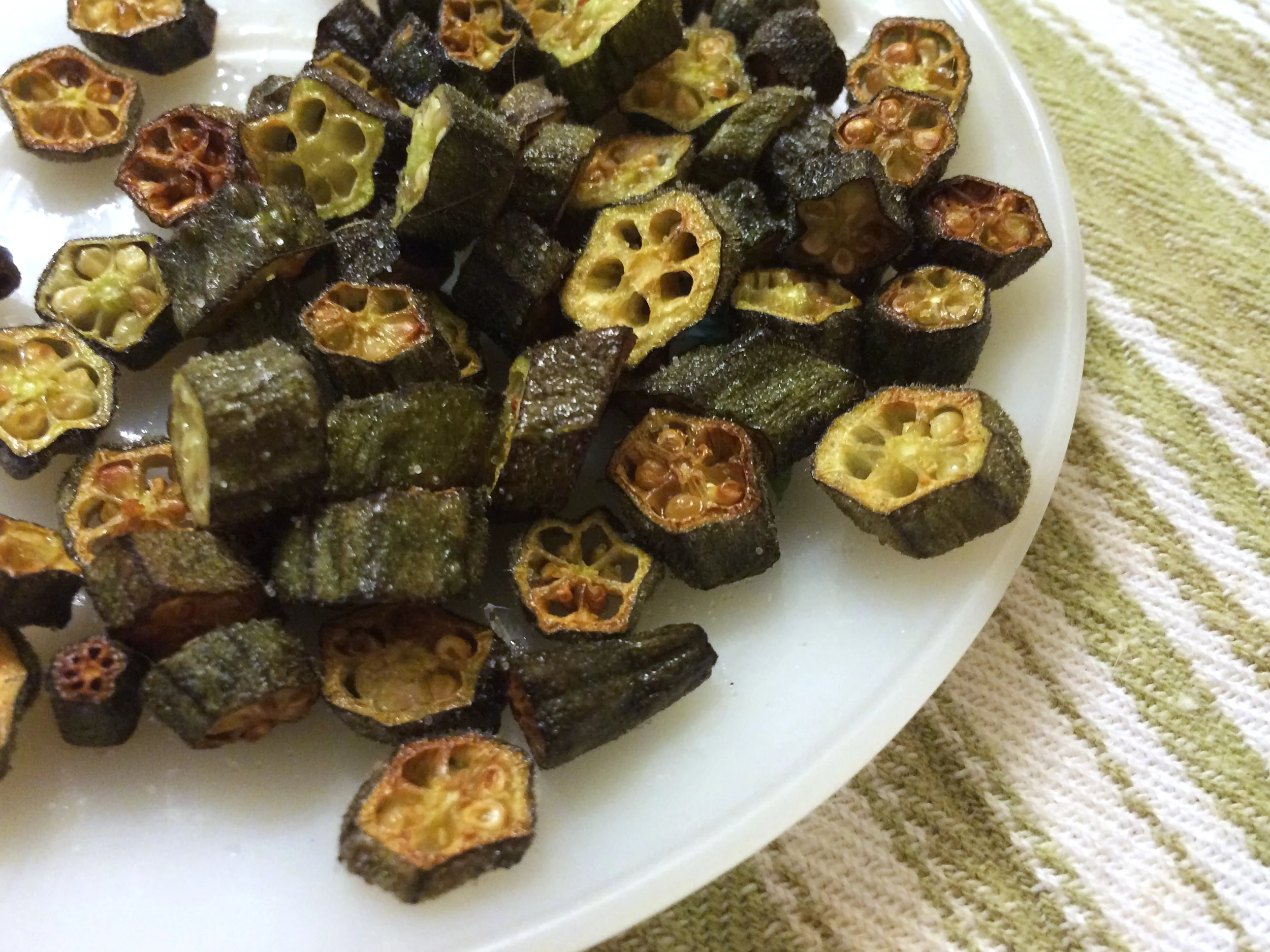 Add the air dried okra to your recipe as usual. This was the first experiment I tried this week and so I did a simple fried okra with sea salt.