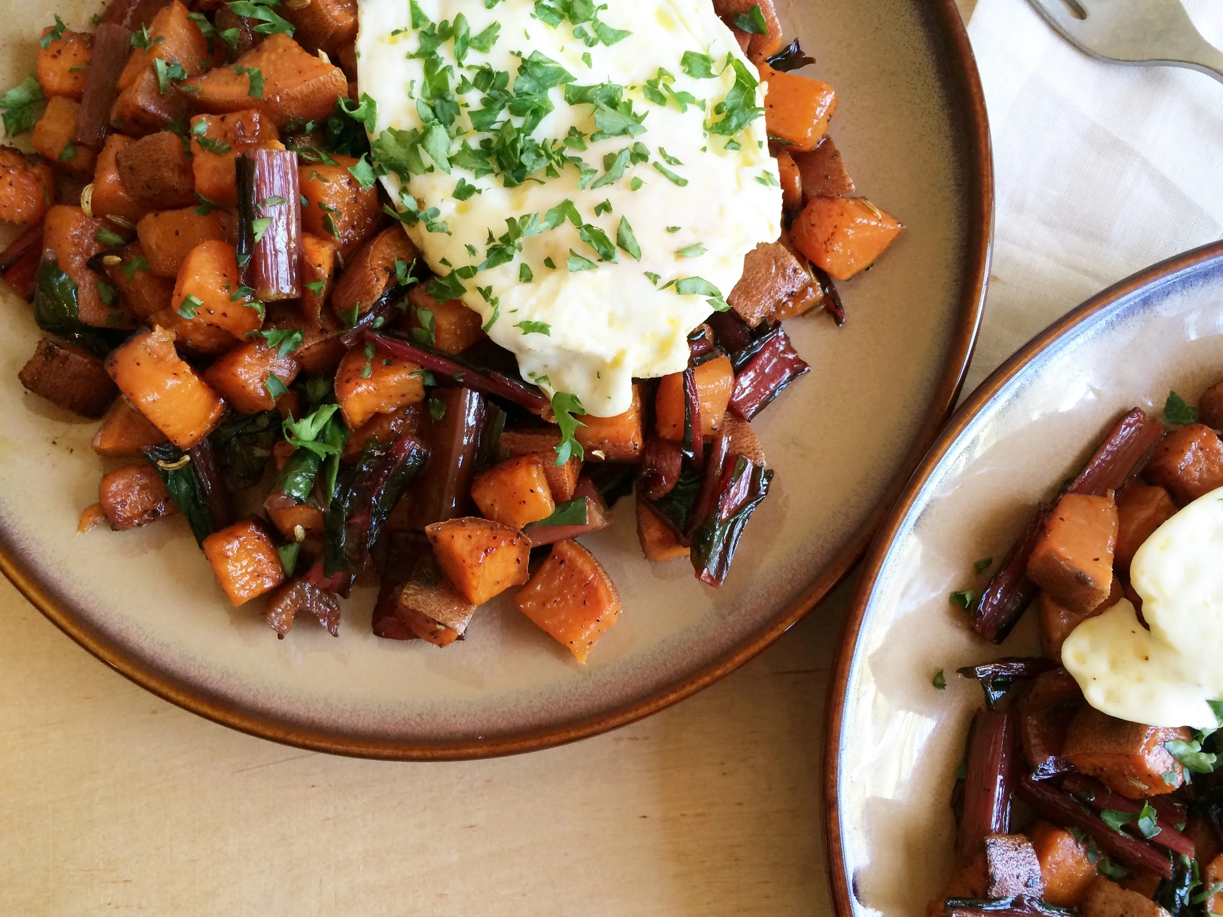 Sweet Potato and Swiss Chard Stems for breakfast