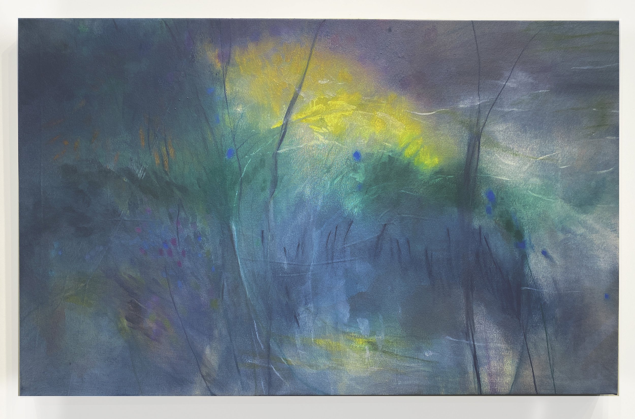 Prelude, 2023-2025, Oil paint, oil pastel and ink on canvas, 30 x 48 inches