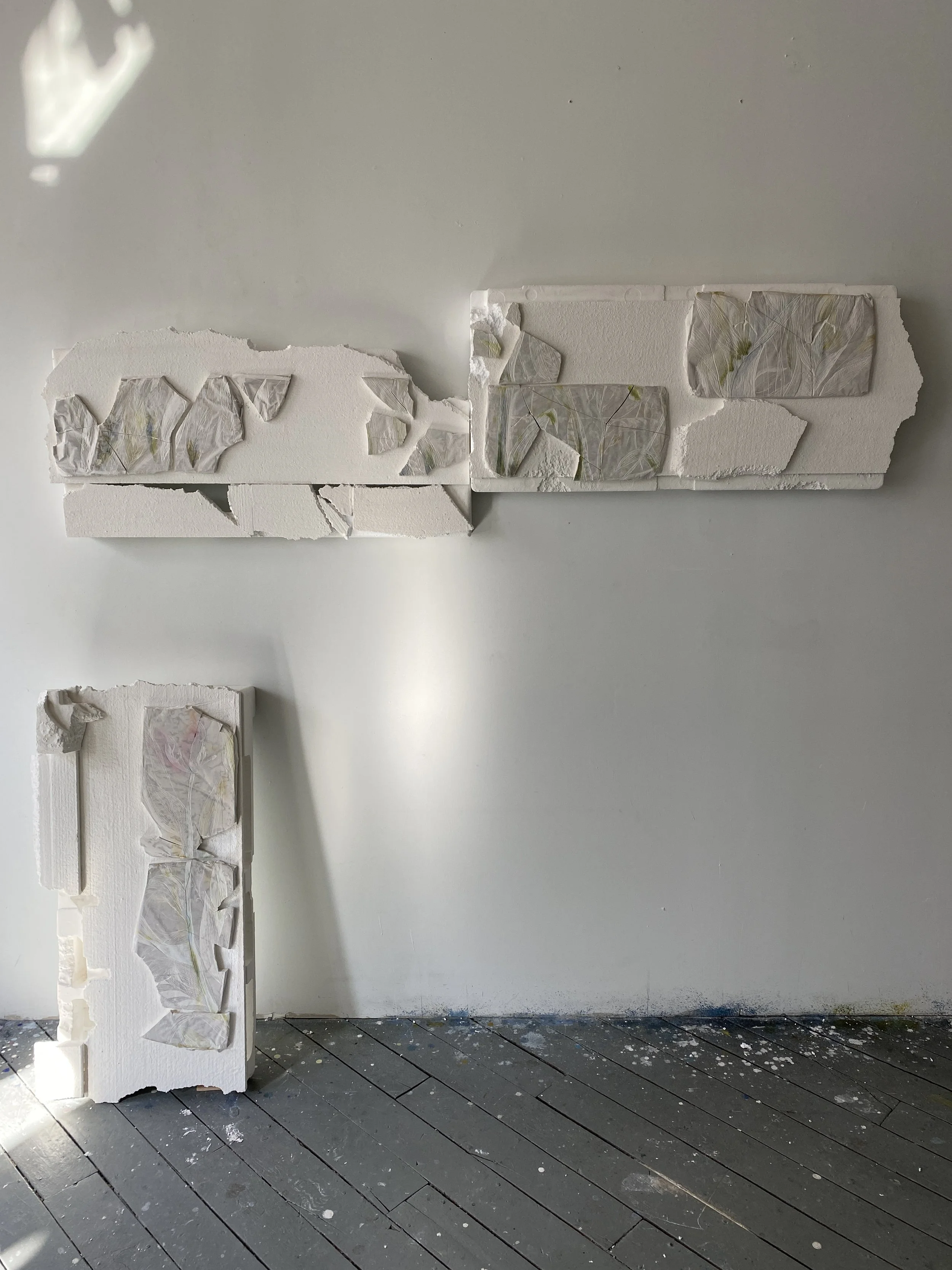 Impermanence, 2025-2026, Plaster, recycled styrofoam, watercolor, 3 pieces