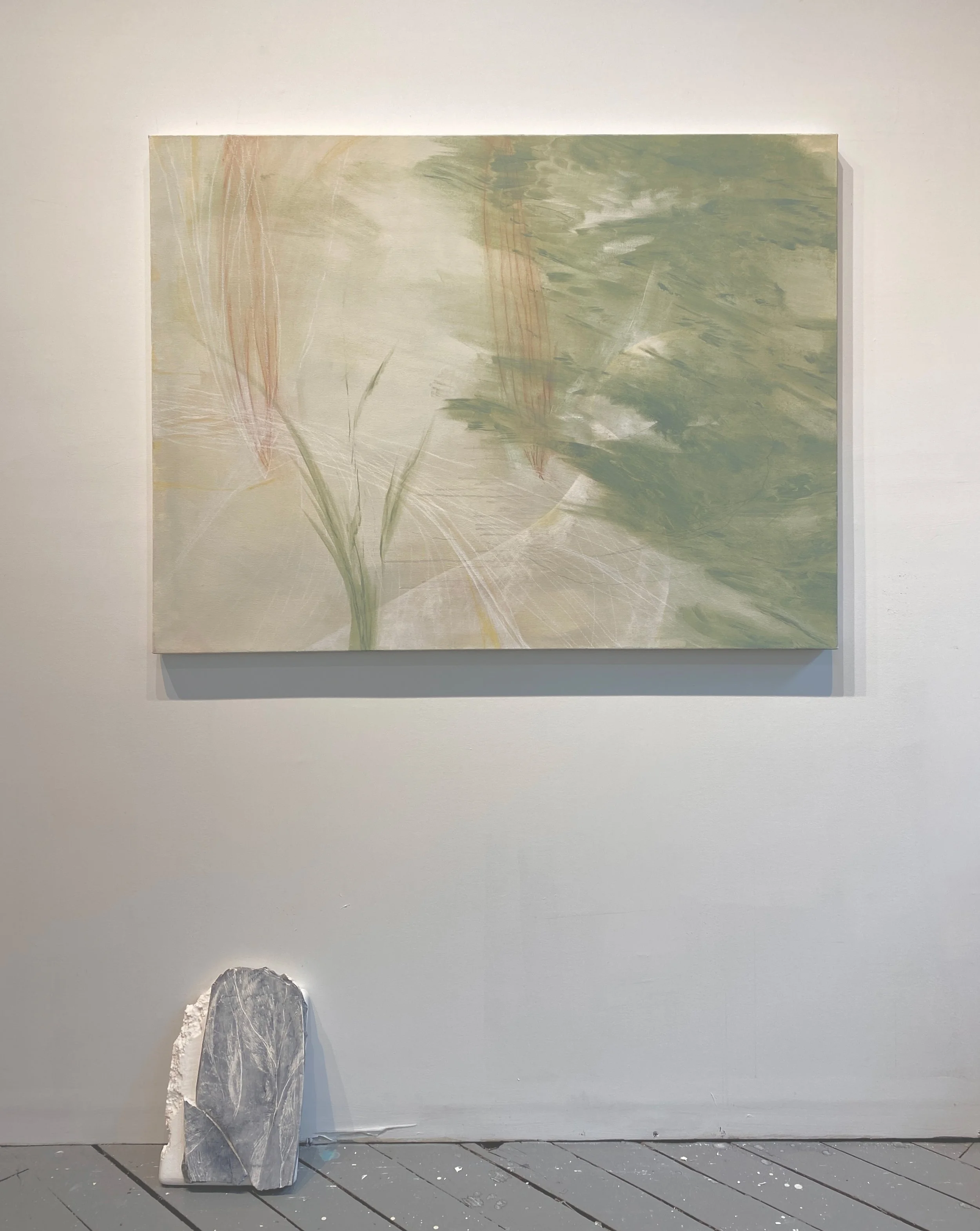 Horizon (conversation), 2026, Oil, ink and oil pastel on canvas, plaster and recycled Styrofoam (2 parts), 36 x 48 inches, 15 x 9 1/2 x 7 inches (leaning)