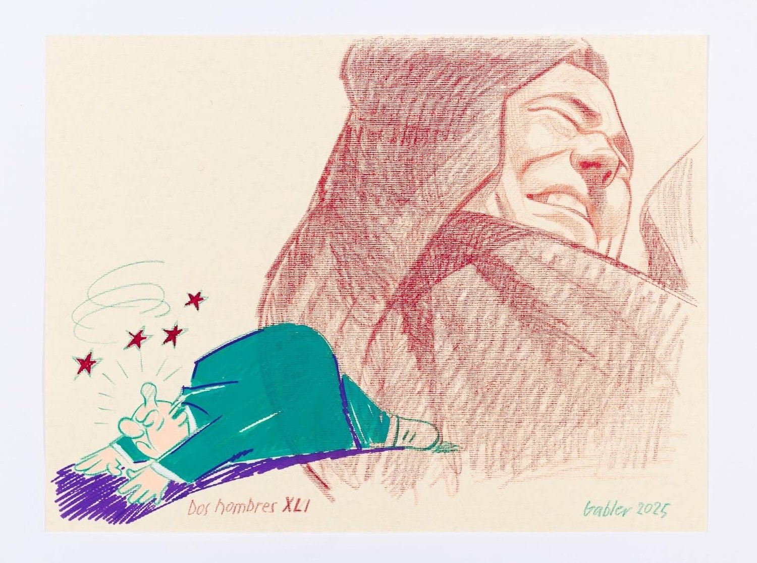 Dos hombres XLI (two men) , 2025 color pencil and acrylic pen on paper 12in x 15.75in