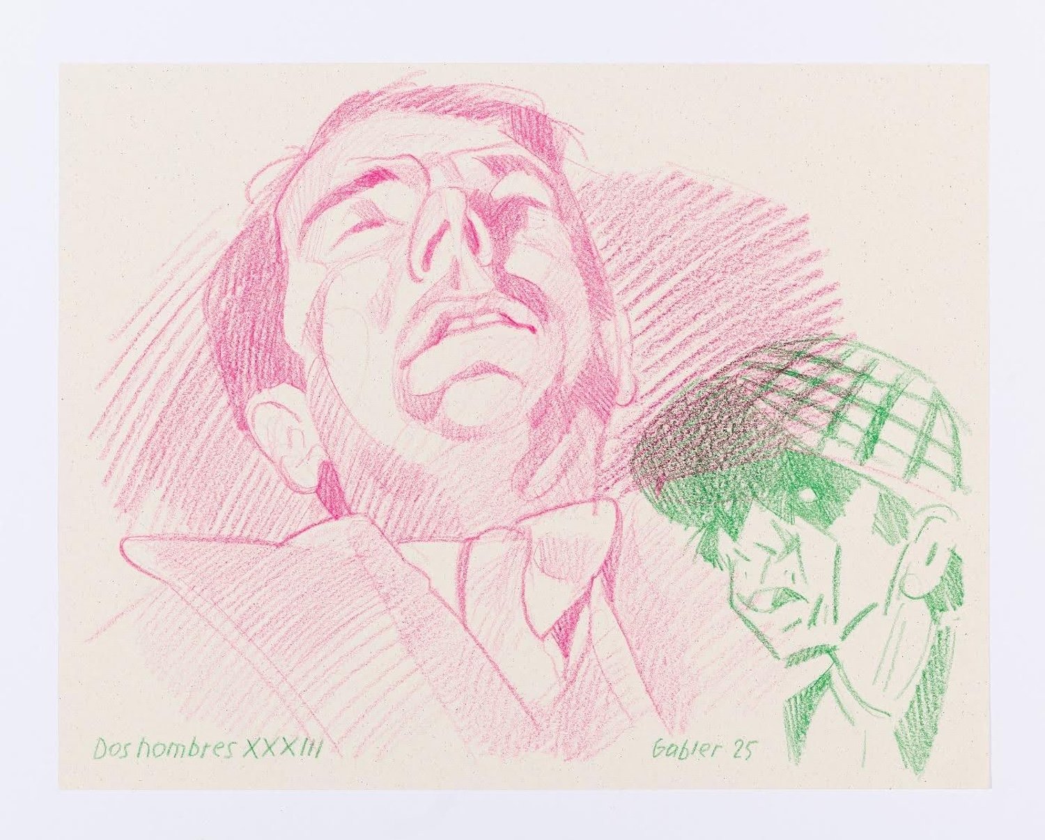 Dos hombres XXXIII (two men) , 2025 color pencil and acrylic pen on paper 11in x 15in