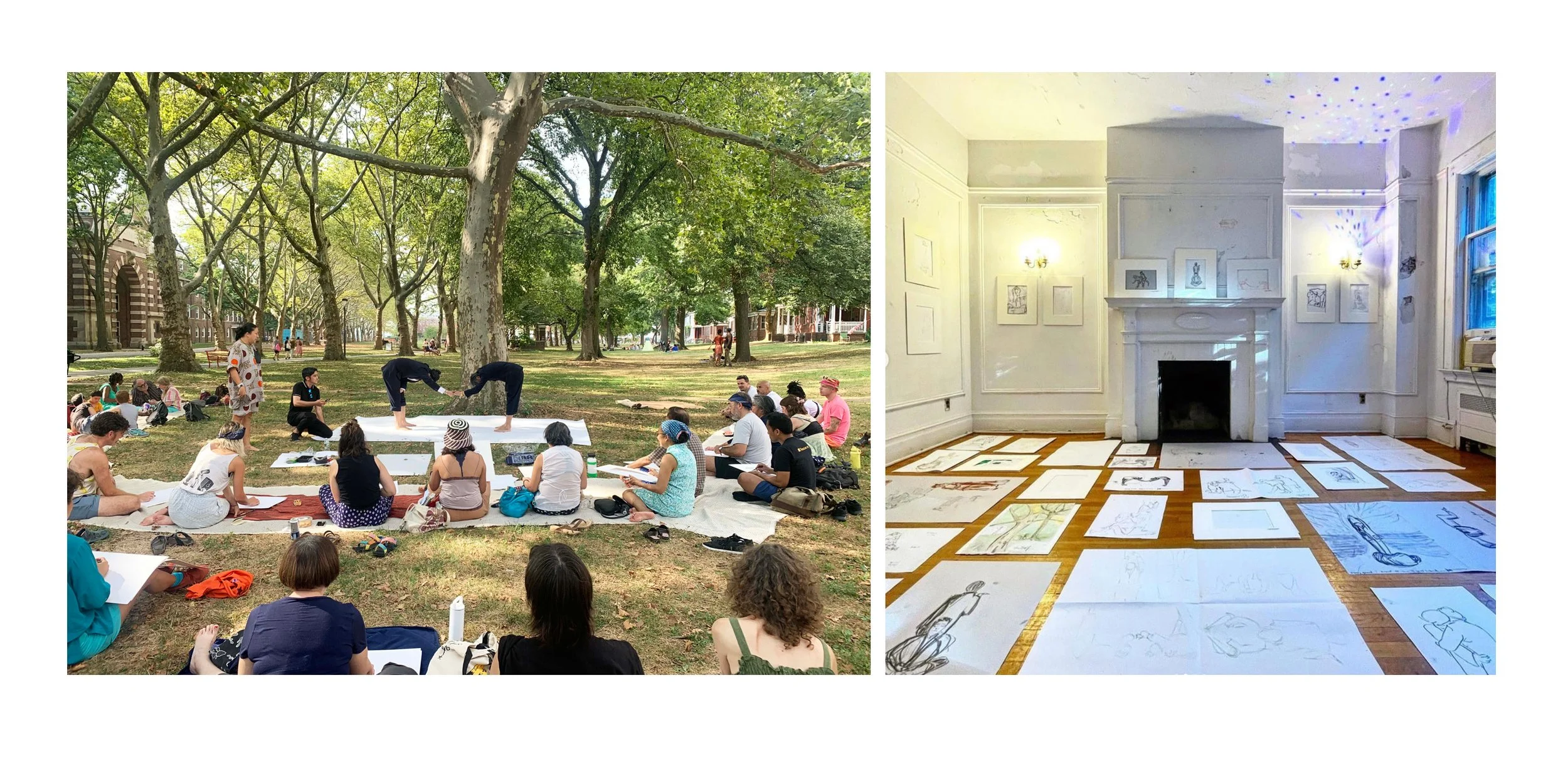   Life Drawing Working Class , 2022. Performance Stills from Flux Factory at Governors Island, NYC. Duration 1 hour  Abang-guard invited Governors Island visitors to participate in a life drawing class with museum guards as models. The audience had a