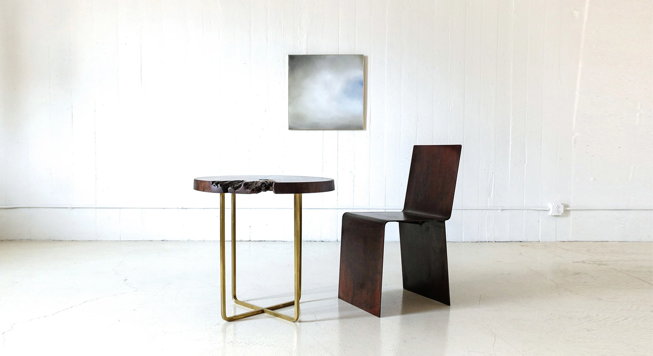 Matthew Metzger furniture; walnut brass table; steel chair