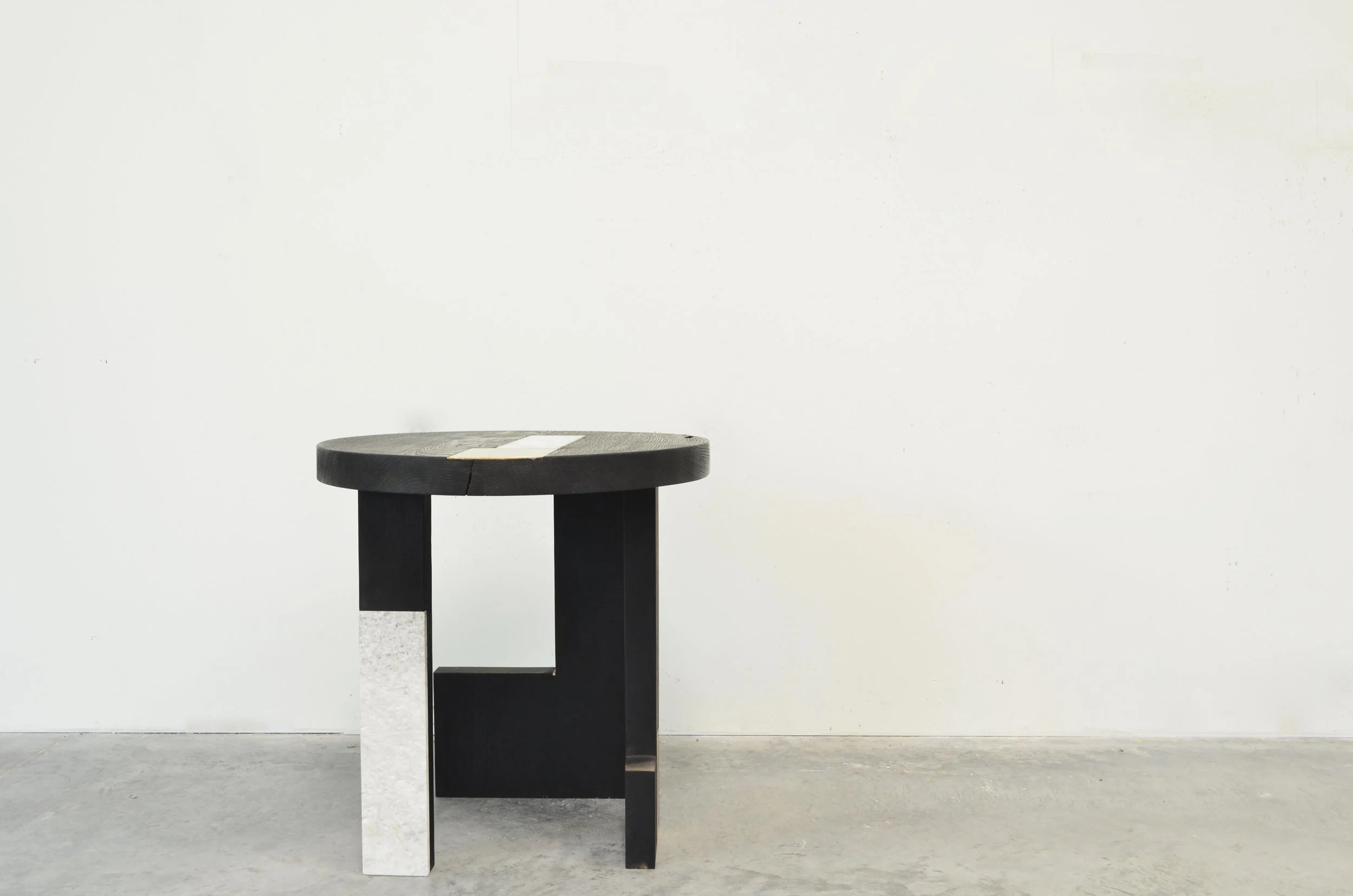 Charred Oak, Walnut, Brass and Marble Side Table