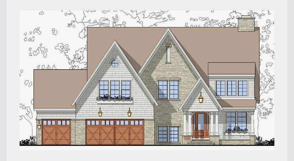 Build-to-suit custom home architectural rendering with stone veneer facade, shake siding, steep gables, carriage garage doors, and portico entry at 6908 Paiute Cir, Edina MN by EHR Construction