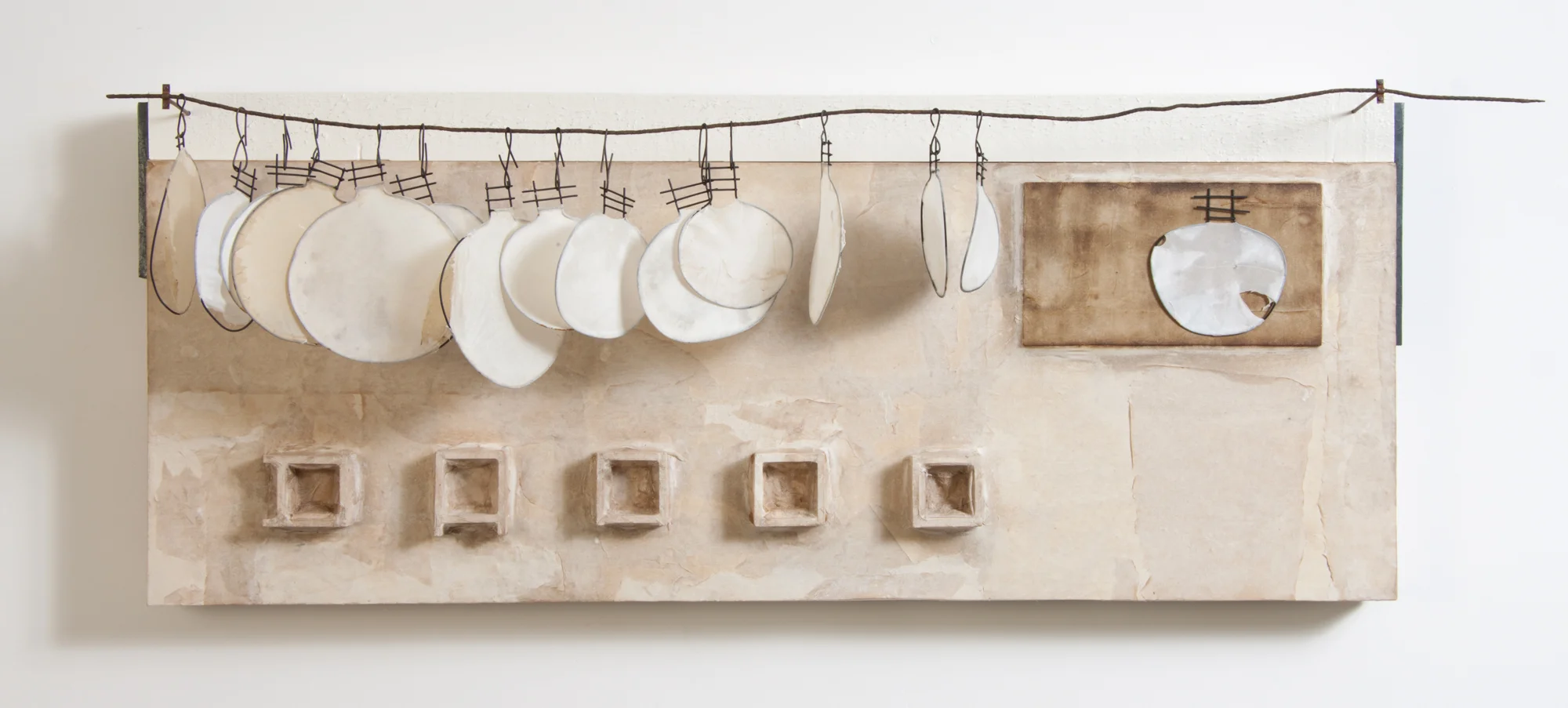 Pamela J Wallace Industrial weeds, 16.5" x 44" x 10", mixed media, handmade abaca paper, iron, wire, sheet metal, wood
