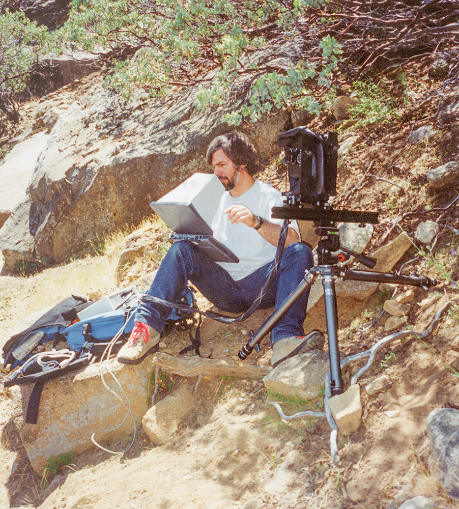 Steve using the BetterLight Scanning Back #2 with his Horseman 4x5, and Mac Powerbook 540c in Yosemite. June 1994