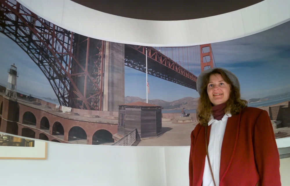 Mary Ford in the Hanging Panorama of the Golden Gate. The Digital Pond, San Francisco. February 2, 1996.