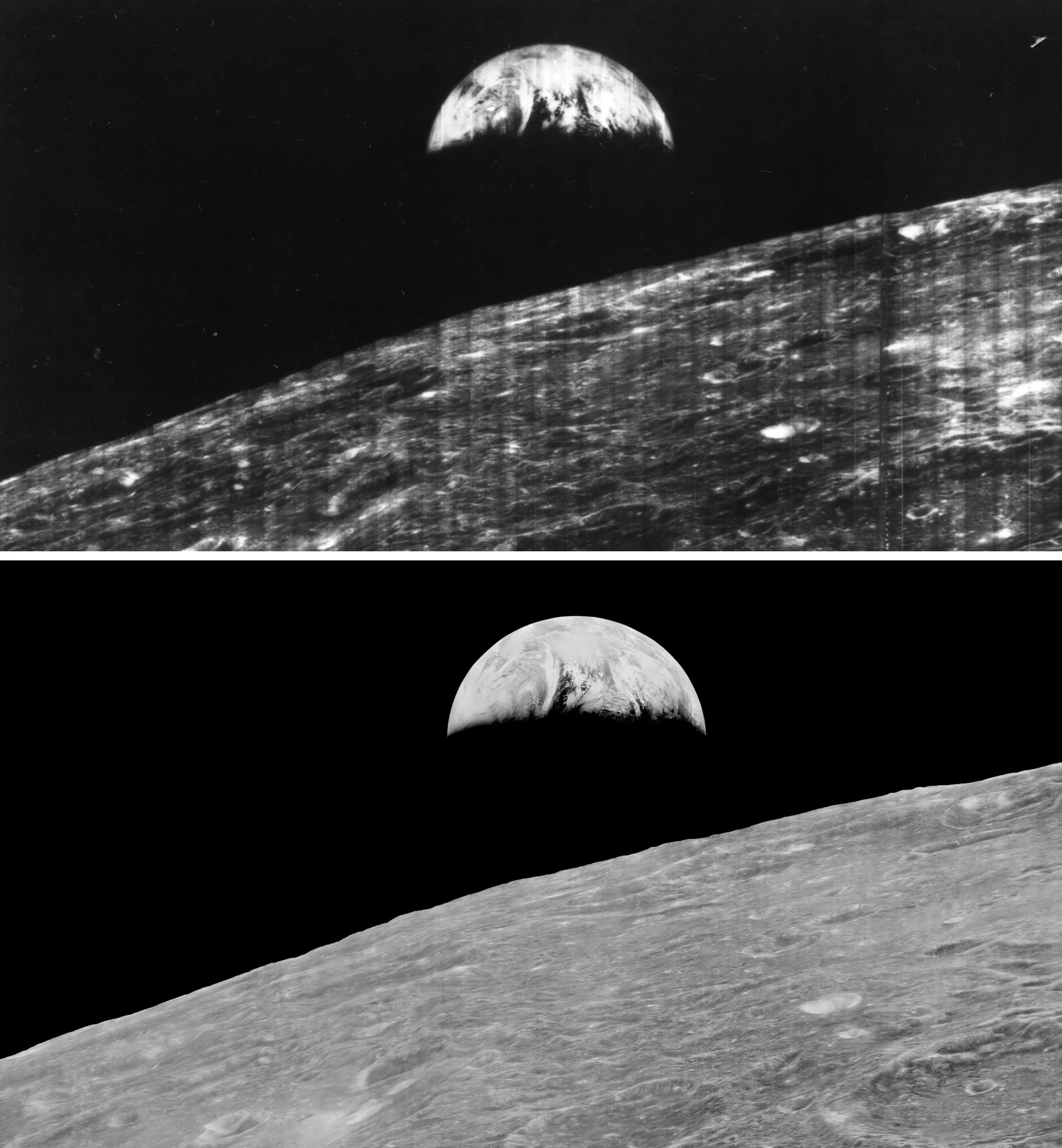 Earthrise over Moon. Lunar Orbiter. 1966. Top: Original view of image from 1966, Bottom: Recovered Data from Lunar Orbiter Image Recovery Project (LOIRP) 2008-2014.