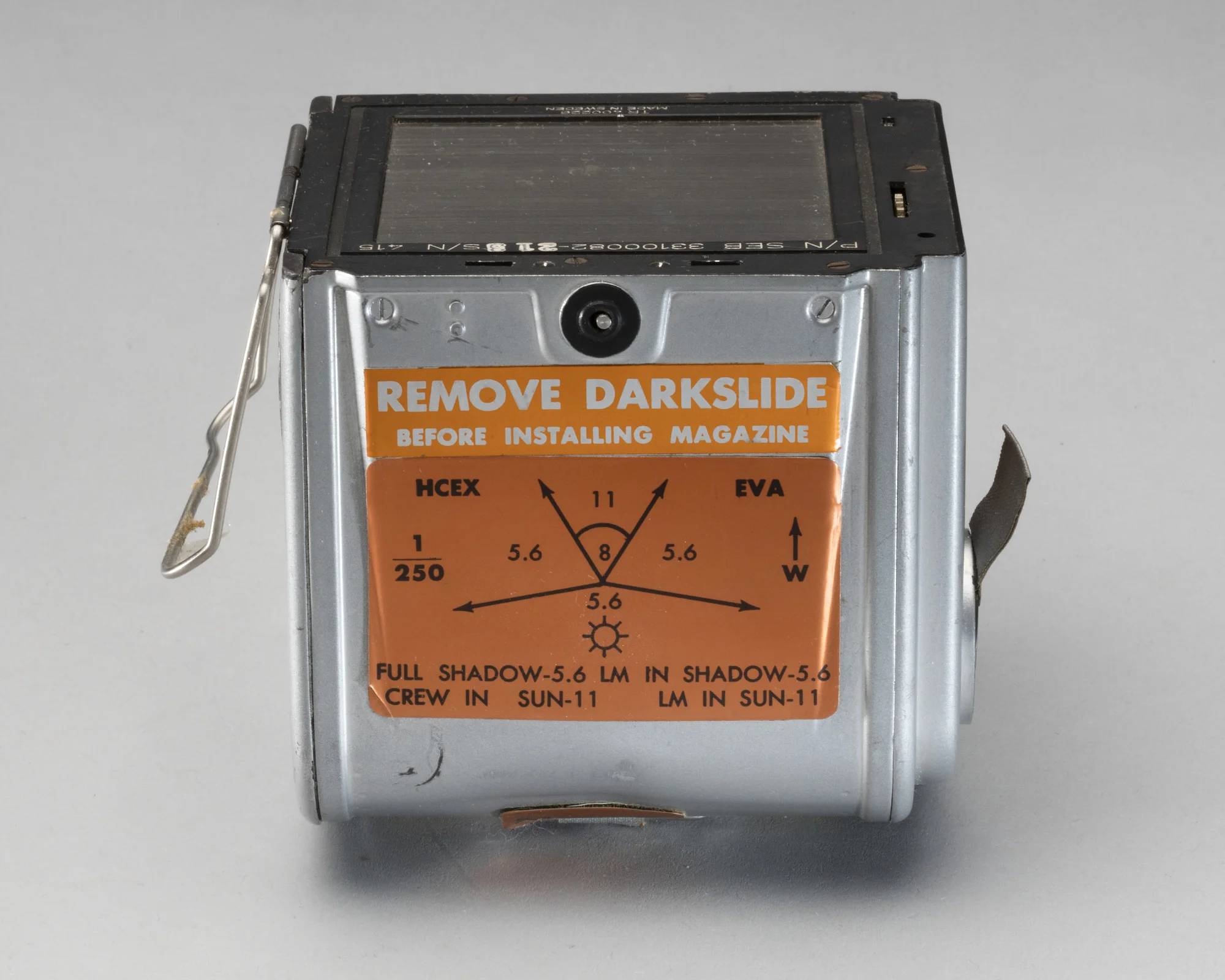 Hasselblad Lunar Film Magazine with exposure instructions. Smithsonian National Air &amp; Space Museum.