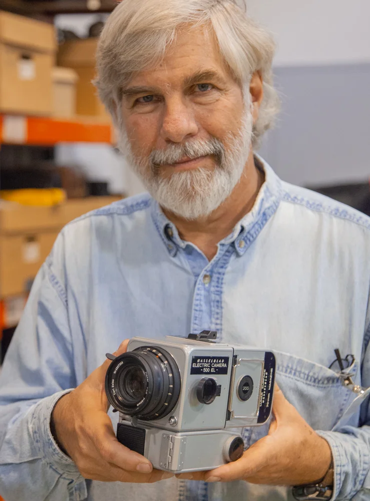 Steve with Hasselblad Moon Camera. Eastman House Museum. 2012.