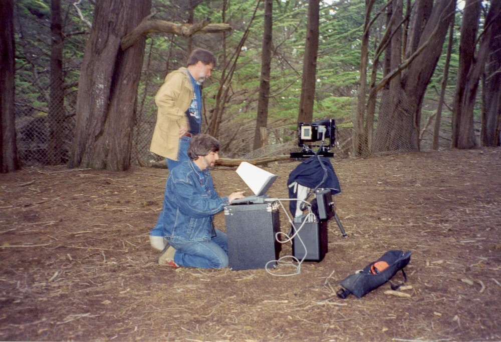 Making the photograph. Michael Collette (BetterLight Camera Inventor) with Steve. March 1994. 35mm Kodak color negative film.