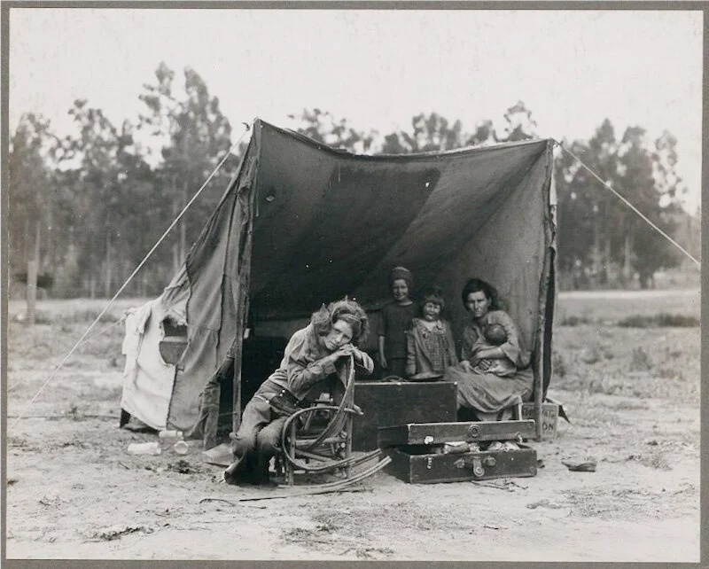 Destitute pea pickers in California. Mother of seven children. Age thirty-two. Nipomo, California. Dorothea Lange.  US Farm Security Administration (FSA). March 1936.