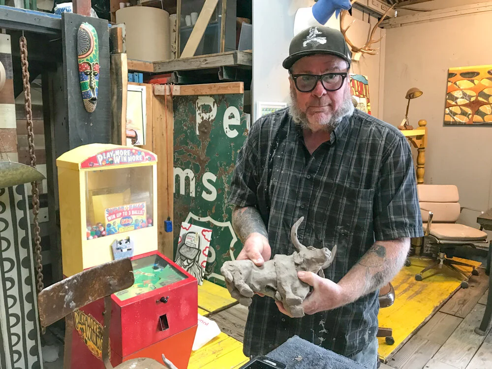Darcy with evolving Bull Sculpture at his “The Place” Oceano, CA. 2021.