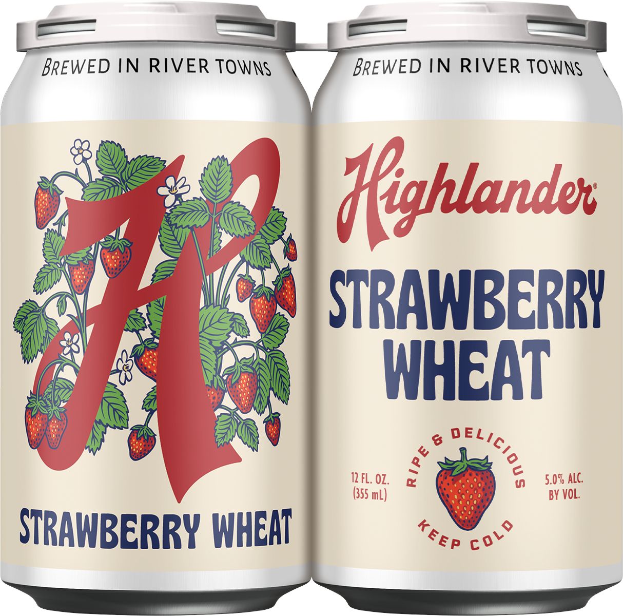 a white can with a tan label reading highlander strawberry wheat and a picture of strawberries